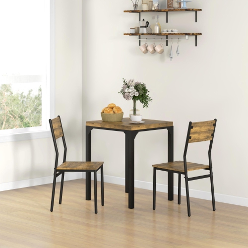 HOMCOM Dining Table Set for 2, 3 Piece Space Saving Kitchen Table and Chairs with Metal Legs, Dining Set for Small Spaces, Rustic Brown
