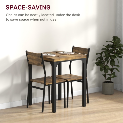 HOMCOM Dining Table Set for 2, 3 Piece Space Saving Kitchen Table and Chairs with Metal Legs, Dining Set for Small Spaces, Rustic Brown