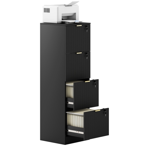 HOMCOM  4 Drawer File Cabinet, Fluted Vertical Filing Cabinet \w Lock And Adjustable Hanging Rails for A4 Letter Size Files, Printer Stand \w Storage