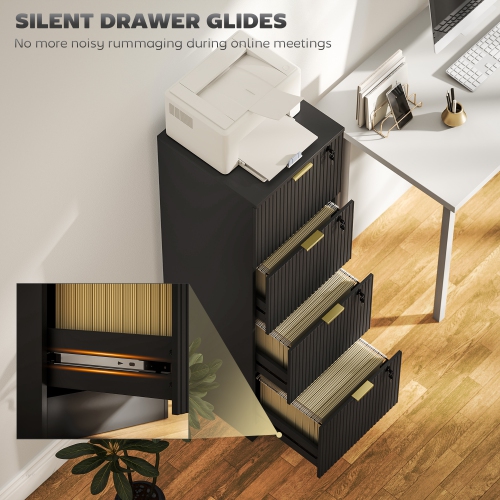 HOMCOM 4 Drawer File Cabinet, Fluted Vertical Filing Cabinet with Lock and Adjustable Hanging Rails for A4 Letter Size Files, Printer Stand with