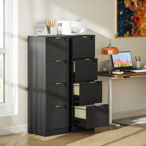 HOMCOM 4 Drawer File Cabinet, Fluted Vertical Filing Cabinet with Lock and Adjustable Hanging Rails for A4 Letter Size Files, Printer Stand with
