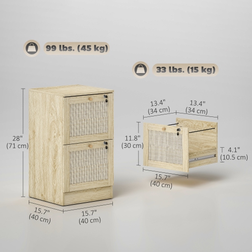 HOMCOM – Classeur à 2 tiroirs avec verrou, classeur vertical Boho pour dossiers de format lettre A4, meuble pour imprimante avec garnitures