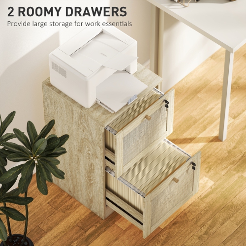 HOMCOM – Classeur à 2 tiroirs avec verrou, classeur vertical Boho pour dossiers de format lettre A4, meuble pour imprimante avec garnitures