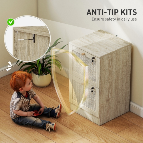 HOMCOM – Classeur à 2 tiroirs avec verrou, classeur vertical Boho pour dossiers de format lettre A4, meuble pour imprimante avec garnitures