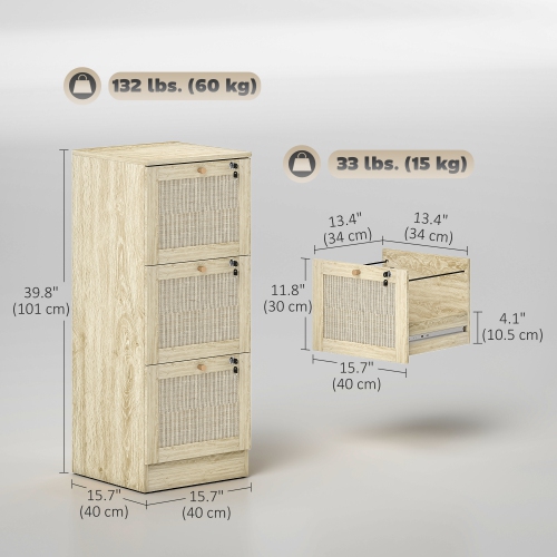 HOMCOM – Classeur à 3 tiroirs avec verrou, classeur vertical Boho pour dossiers de format lettre A4, meuble pour imprimante avec garnitures