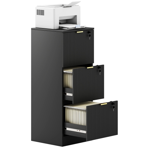 HOMCOM  3 Drawer File Cabinet, Fluted Vertical Filing Cabinet w Lock And Adjustable Hanging Rails for A4 Letter Size Files, Printer Stand w Storage