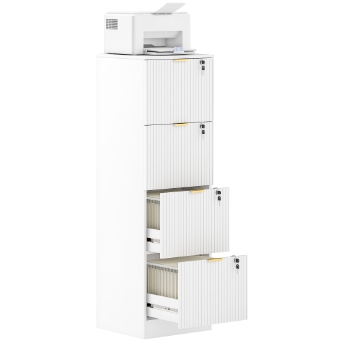 HOMCOM 4 Drawer File Cabinet, Fluted Vertical Filing Cabinet with Lock and Adjustable Hanging Rails for A4 Letter Size Files, Printer Stand with