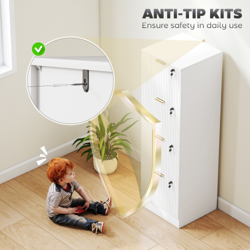 HOMCOM 4 Drawer File Cabinet, Fluted Vertical Filing Cabinet with Lock and Adjustable Hanging Rails for A4 Letter Size Files, Printer Stand with