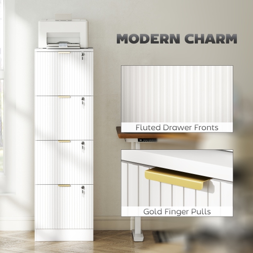 HOMCOM 4 Drawer File Cabinet, Fluted Vertical Filing Cabinet with Lock and Adjustable Hanging Rails for A4 Letter Size Files, Printer Stand with