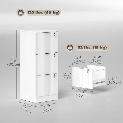 HOMCOM 3 Drawer File Cabinet, Fluted Vertical Filing Cabinet with Lock and Adjustable Hanging Rails for A4 Letter Size Files, Printer Stand with