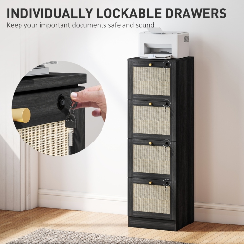 HOMCOM – Classeur à 4 tiroirs avec verrou, classeur vertical Boho pour dossiers de format lettre A4, meuble pour imprimante avec garnitures