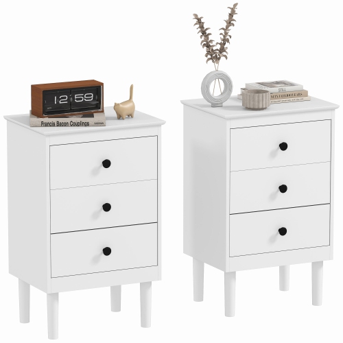 HOMCOM  Night Stands Set Of 2, Nightstands With 3 Drawers, Modern Bedside Tables With Round Handles for Bedroom In White