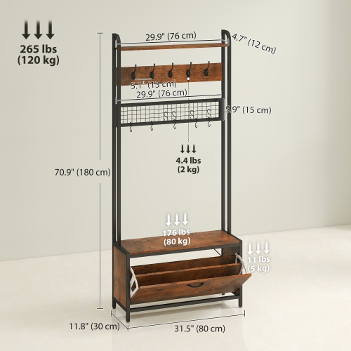 Portemanteau 5-en-1 de HOMCOM avec banc, portemanteau, banc d'entrée industriel avec armoire à chaussures, 10 crochets, porte-manteau pour couloir,