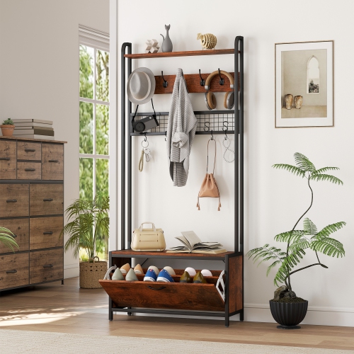 Portemanteau 5-en-1 de HOMCOM avec banc, portemanteau, banc d'entrée industriel avec armoire à chaussures, 10 crochets, porte-manteau pour couloir,