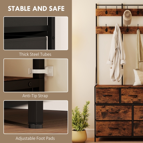 Portemanteau 4-en-1 avec commode en tissu de HOMCOM, portemanteau industriel à 7 tiroirs, 14 crochets, panneau grillagé, porte-manteau pour couloir,