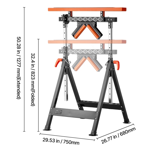VEVOR 4-in-1 Roller Stand, 440lbs L.C., 33-50in Adjustable Height, Folding Heavy Duty with Rack & Polished Multi-directional Head, for Table Saw
