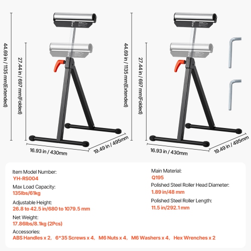 VEVOR 2-Pack Roller Stands, 135 lbs L. C., 26.8-42.5'' Adjustable Height, Folding Heavy Duty with 11.5 in Polished Steel Head, for Table Saw Outfeed