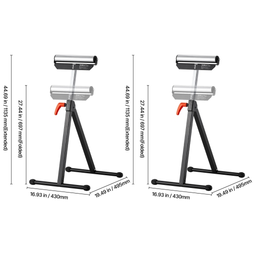 VEVOR 2-Pack Roller Stands, 135 lbs L. C., 26.8-42.5'' Adjustable Height, Folding Heavy Duty with 11.5 in Polished Steel Head, for Table Saw Outfeed