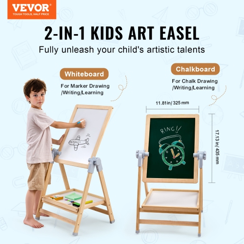 VEVOR 2-in-1 Art Easel for Kids, Wooden Double-Sided Kid's Art Easel with Magnetic Whiteboard & Chalkboard, Adjustable Standing Rotatable Board with