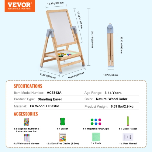 VEVOR 2-in-1 Art Easel for Kids, Wooden Double-Sided Kid's Art Easel with Magnetic Whiteboard & Chalkboard, Adjustable Standing Rotatable Board with