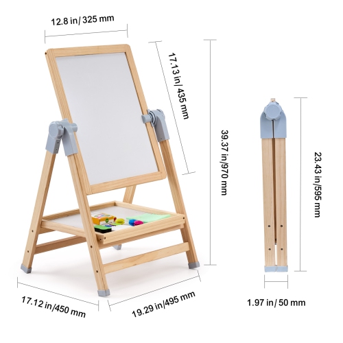 VEVOR 2-in-1 Art Easel for Kids, Wooden Double-Sided Kid's Art Easel with Magnetic Whiteboard & Chalkboard, Adjustable Standing Rotatable Board with