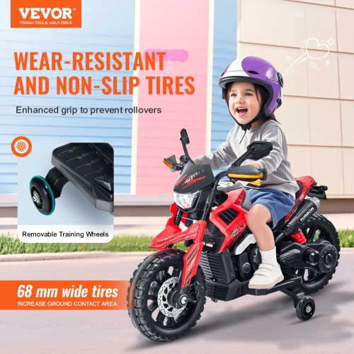 VEVOR Kids Ride On Motorcycle, 12V Battery Powered Motorcycle with Speed Up to 3mph, Detachable Training Wheels, Headlight, LED Light, Music,