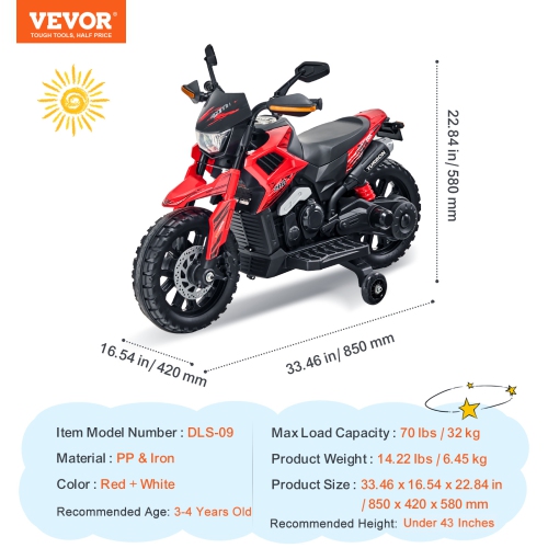 VEVOR Kids Ride On Motorcycle, 12V Battery Powered Motorcycle with Speed Up to 3mph, Detachable Training Wheels, Headlight, LED Light, Music,
