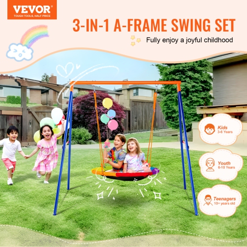 VEVOR 440lbs Load Capacity Swing Sets for Backyard, 40" Saucer Swing Seat with Heavy Duty A-Frame Metal Stand and Adjustable Rope, Easy to Assemble,