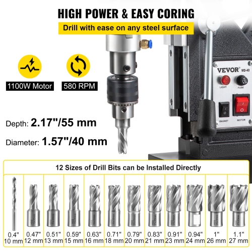 VEVOR 1100W Magnetic Drill, 1.57" Boring Diameter, 2697lbf/12000N Mag Drill Press with 12 Drilling Bits, 580RPM Max Speed Drilling Machine for any