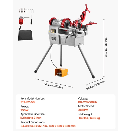 VEVOR 750W Electric Pipe Threader Machine, 28RPM Threading Cutting Machine, 1/2-2 inch Pipes Threading Cutter Tool with Foot Pedal for Plumbing,