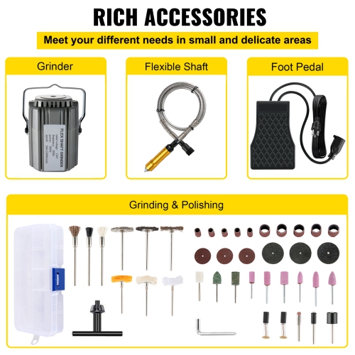 VEVOR 780W Flex Shaft Grinder, Rotary Tool, 500-23000RPM with 1/4" 3-Jaw Chuck & Stepless Speed Pedal, Hanging Grinding Machine, 131PCS Accessories