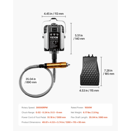 VEVOR 1000W Flex Shaft Grinder, 30,000 RPM Electric Flex Shaft Rotary Tool Carver, Multi-functional Machine with 31PCS Accessories & Foot Pedal for