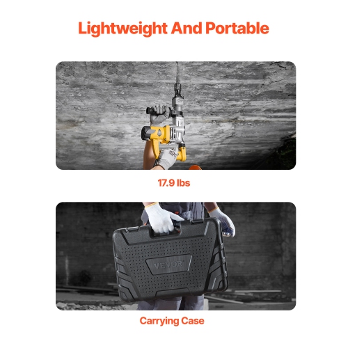 VEVOR 1400W Demolition Jack Hammer, Electric Heavy Duty, 2900BPM Jack Hammer Concrete Breaker, with 1 Point Chisel, 1 Flat Chisel, Storage Case,