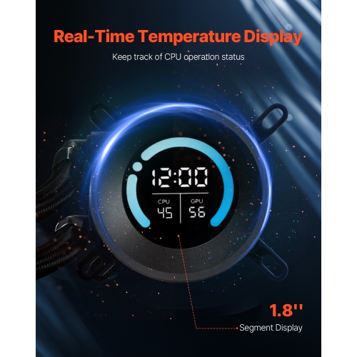 VEVOR 1.8" Display CPU Liquid Cooler, AIO CPU Water Cooler-120mm PWN Fans, Pump, Max. 2200RPM CPU Cooling Fan, Black PC Cooler for Intel