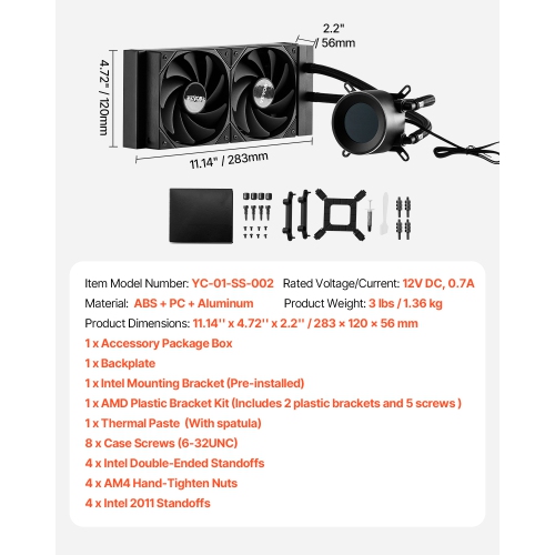 VEVOR 1.8" Display CPU Liquid Cooler, AIO CPU Water Cooler-120mm PWN Fans, Pump, Max. 2200RPM CPU Cooling Fan, Black PC Cooler for Intel