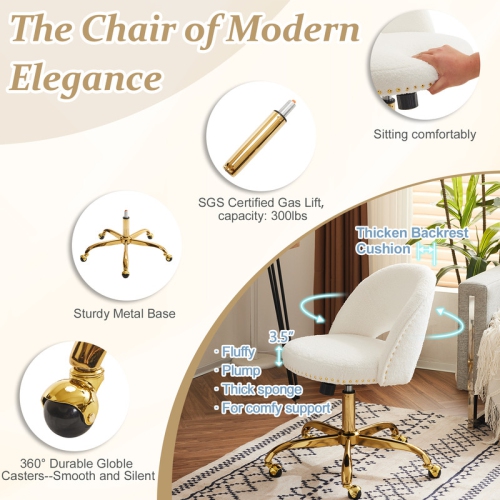 White Teddy Fleece Task Chair Office Desk Chair Make Up Chair With Wheels