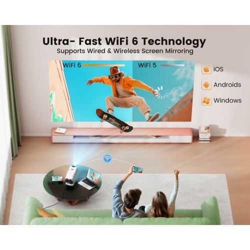 [Support réglable 270°]Mini projecteur 4K avec Wi-Fi 6 et Bluetooth, projecteur portatif d'extérieur HD native 1080p TOPTRO, projecteur de cinéma