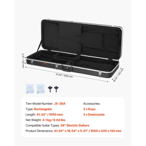 VEVOR 41.34in Electric Guitar Hard Case, Rectangular, With Lock Latch Key Handle, ABS Padding Soft Lining Water-Resistant Hard Shell Guitar Case, for