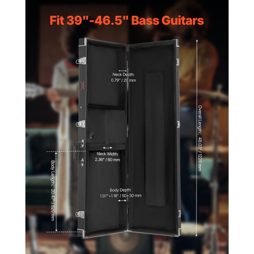 Étui rigide pour guitare basse VEVOR 48,03 po, rectangulaire, avec poignée à verrou, doublure douce en PVC, étuis rigides résistants à