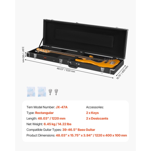 Étui rigide pour guitare basse VEVOR 48,03 po, rectangulaire, avec poignée à verrou, doublure douce en PVC, étuis rigides résistants à