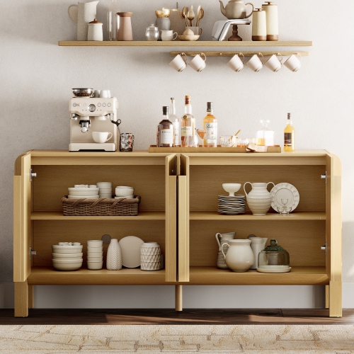 WAMPAT 63" Wide Large Buffet Sideboard Cabinet with Storages, Modern Buffet Table Coffee Bar Wine Bar Storage Curved Cabinet with 4 Doors for Dining