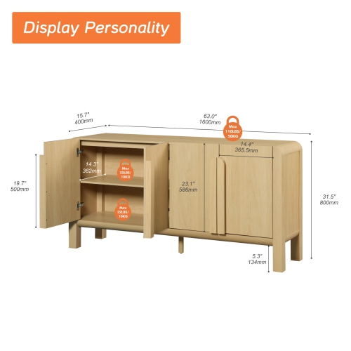 WAMPAT 63" Wide Large Buffet Sideboard Cabinet with Storages, Modern Buffet Table Coffee Bar Wine Bar Storage Curved Cabinet with 4 Doors for Dining