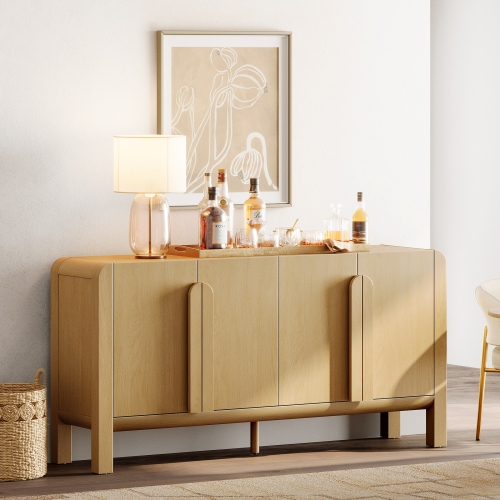 WAMPAT 63" Wide Large Buffet Sideboard Cabinet with Storages, Modern Buffet Table Coffee Bar Wine Bar Storage Curved Cabinet with 4 Doors for Dining