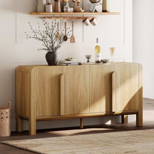 WAMPAT  63" W Large Buffet Sideboard Cabinet \w Storages, Modern Buffet Table Coffee Bar Wine Bar Storage Curved Cabinet \w 4 Doors for Dining Room