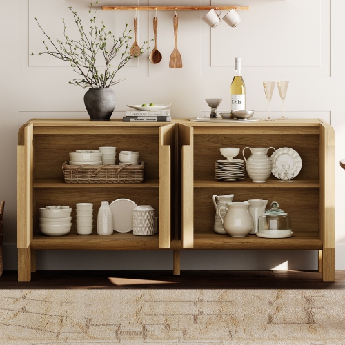 WAMPAT 63" W Large Buffet Sideboard Cabinet with Storages, Modern Buffet Table Coffee Bar Wine Bar Storage Curved Cabinet with 4 Doors for Dining