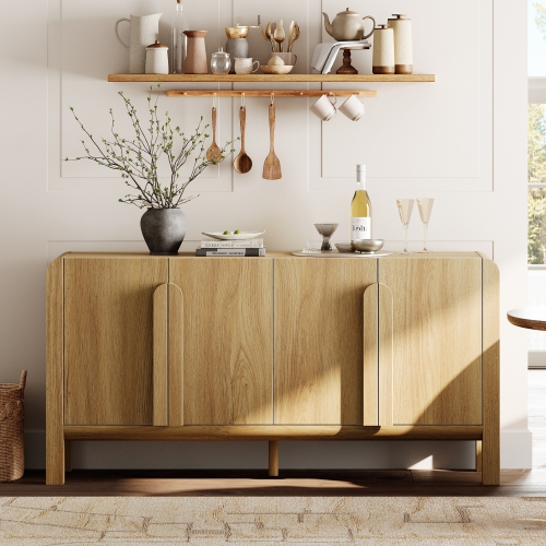 WAMPAT 63" W Large Buffet Sideboard Cabinet with Storages, Modern Buffet Table Coffee Bar Wine Bar Storage Curved Cabinet with 4 Doors for Dining