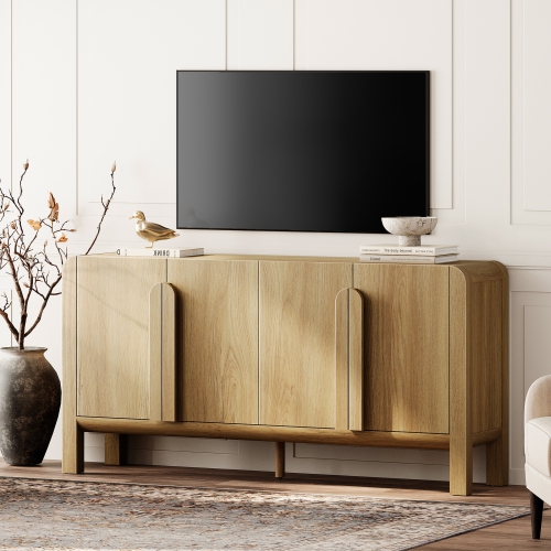 WAMPAT 63" W Large Buffet Sideboard Cabinet with Storages, Modern Buffet Table Coffee Bar Wine Bar Storage Curved Cabinet with 4 Doors for Dining