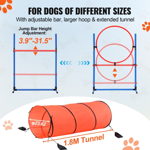 VEVOR 5PCS Combination Set Dog Agility Training Equipment, with Adjustable Hurdles, 6 Weave Poles, Tunnel, Jump Ring, Pause Box, Whistle, Bowl, Puppy