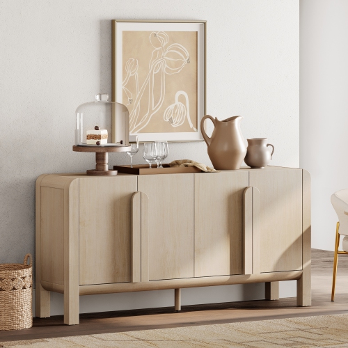 WAMPAT 63" W Large Buffet Sideboard Cabinet with Storages, Modern Buffet Table Coffee Bar Wine Bar Storage Curved Cabinet with 4 Doors for Dining