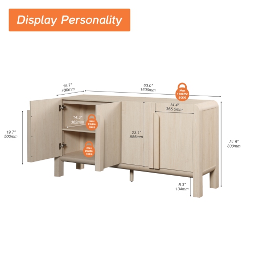 WAMPAT 63" W Large Buffet Sideboard Cabinet with Storages, Modern Buffet Table Coffee Bar Wine Bar Storage Curved Cabinet with 4 Doors for Dining